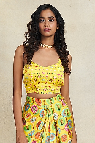 Yellow Modal Satin Digital Printed Strappy Blouse by Gulabo By Abu Sandeep
