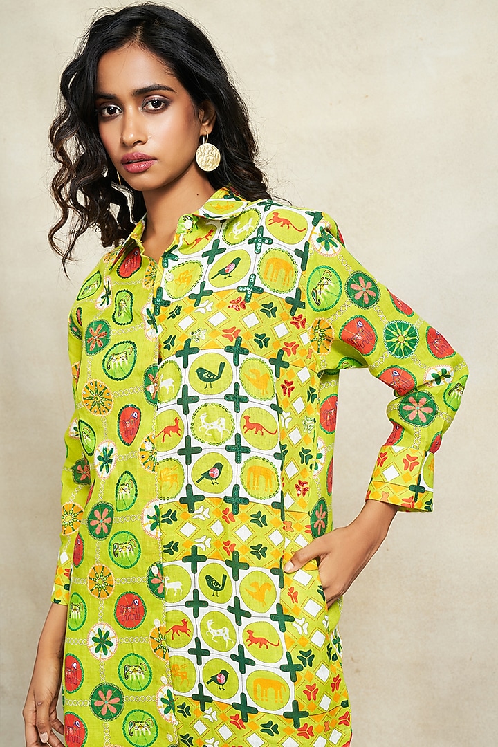 Green Linen Sequins Work Shirt by Gulabo By Abu Sandeep at Pernia's Pop Up Shop
