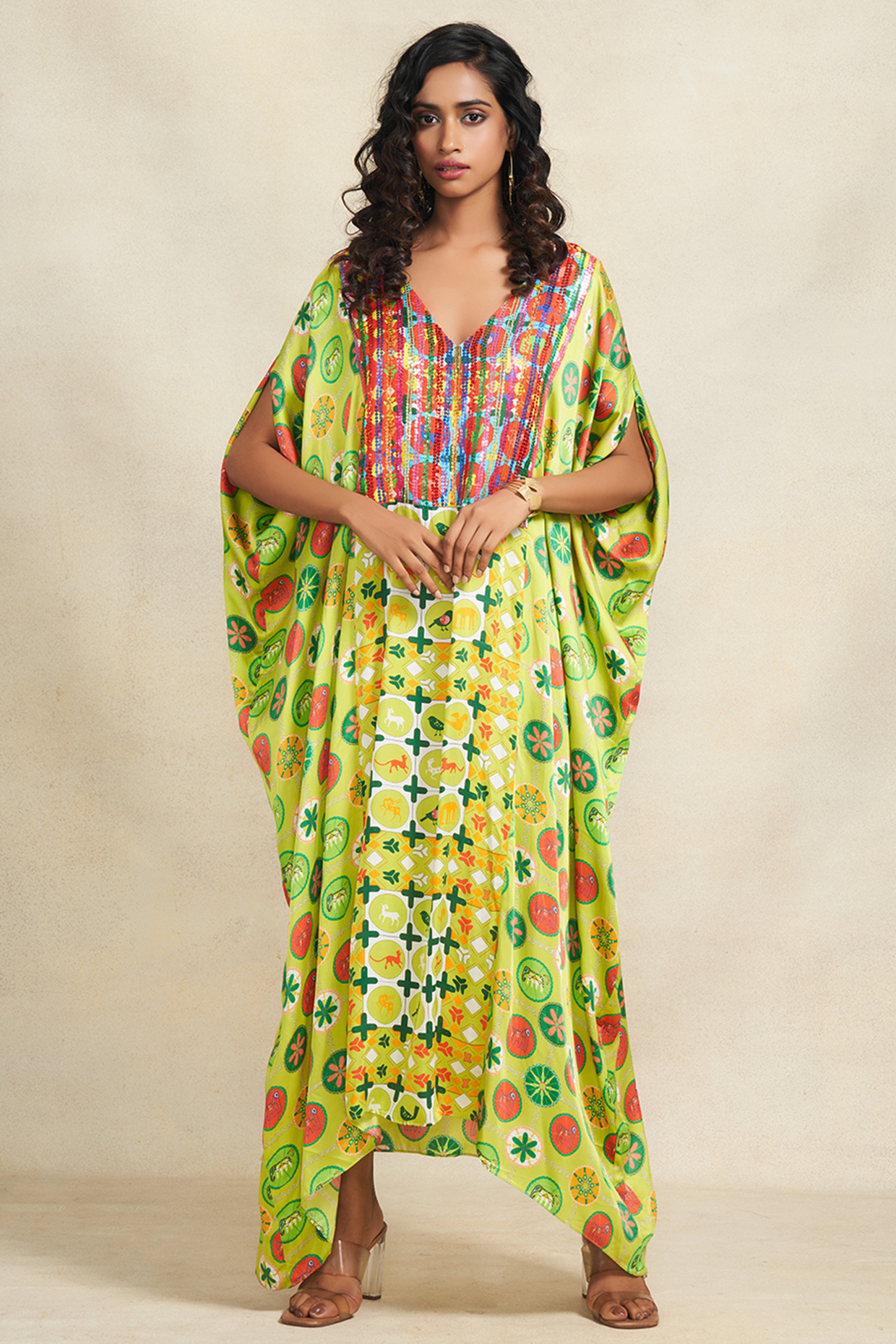 Green Modal Satin Sequins Embroidered Kaftan by Gulabo By Abu Sandeep at Pernia's Pop Up Shop