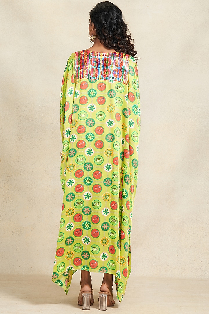 Green Modal Satin Sequins Embroidered Kaftan by Gulabo By Abu Sandeep at Pernia's Pop Up Shop