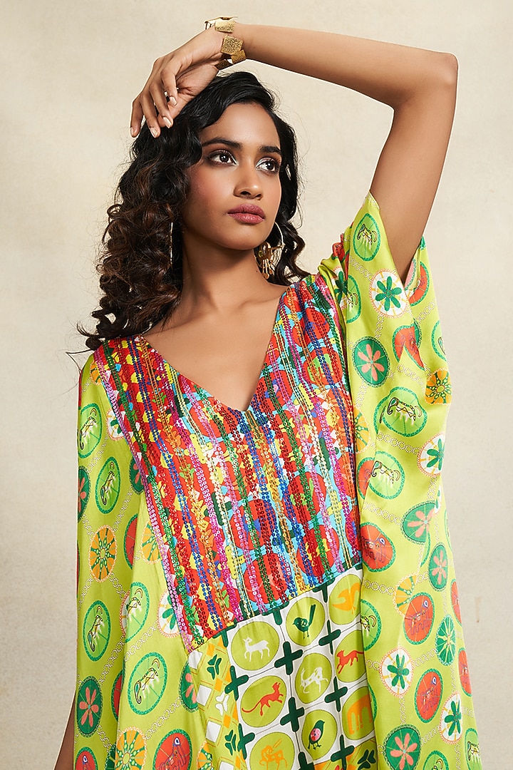 Green Modal Satin Sequins Embroidered Kaftan by Gulabo By Abu Sandeep at Pernia's Pop Up Shop