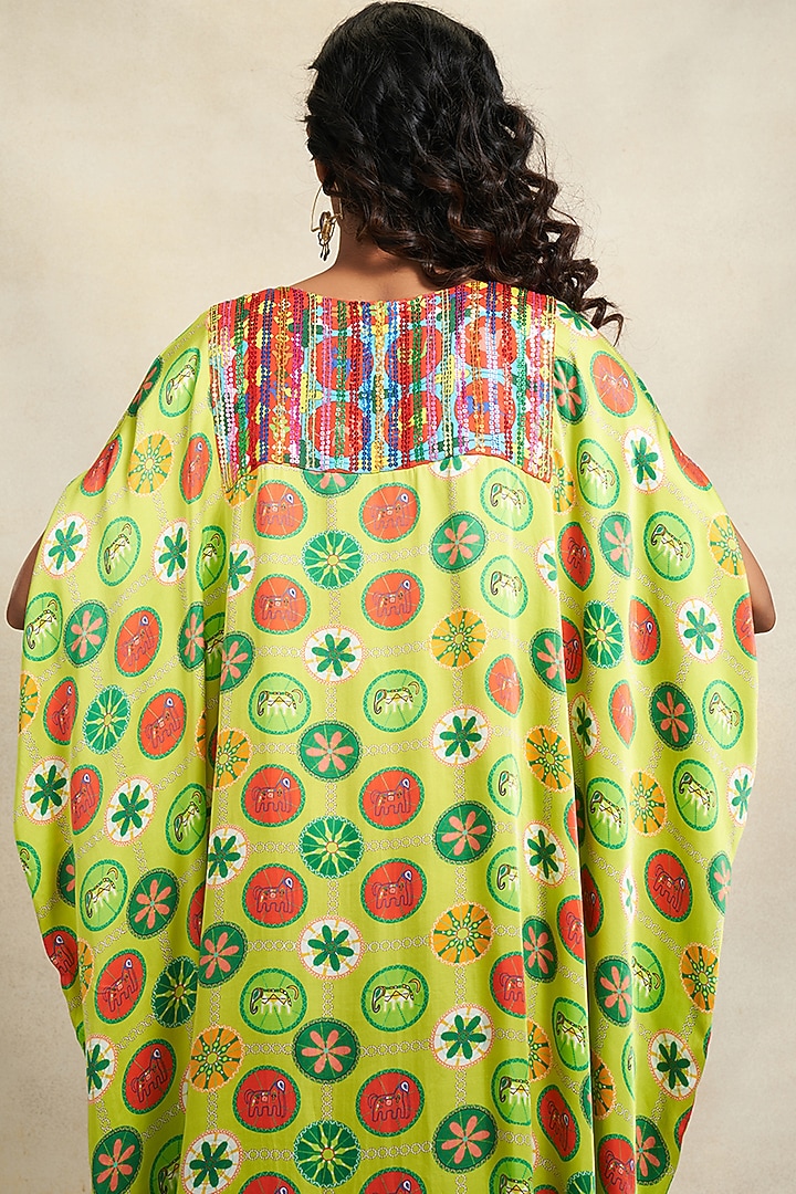 Green Modal Satin Sequins Embroidered Kaftan by Gulabo By Abu Sandeep at Pernia's Pop Up Shop