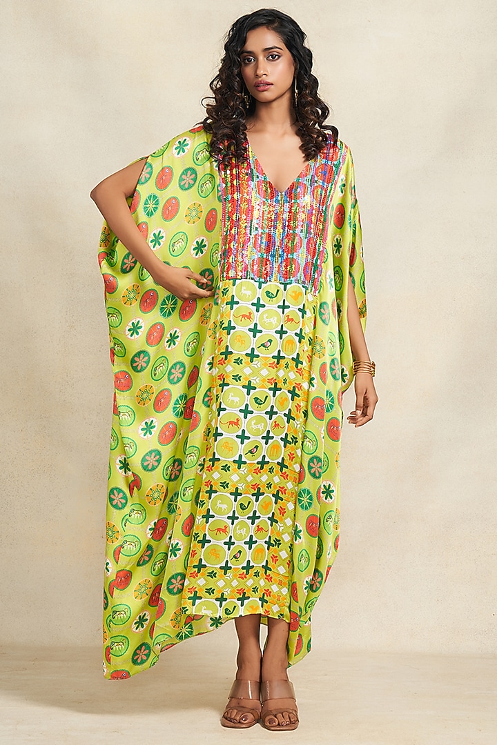 Green Modal Satin Sequins Embroidered Kaftan by Gulabo By Abu Sandeep at Pernia's Pop Up Shop