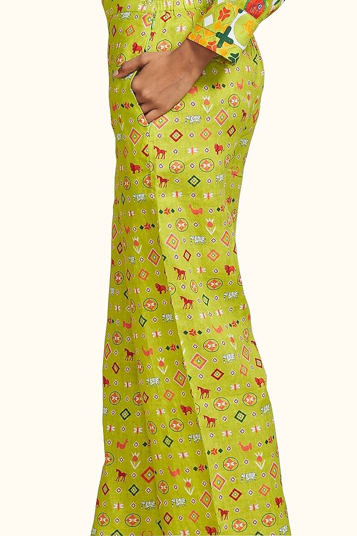 Green Linen Digital Printed Pants by Gulabo By Abu Sandeep at Pernia's Pop Up Shop