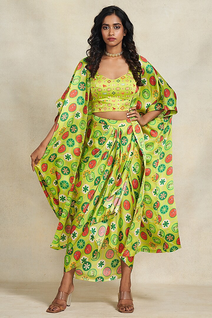 Green Modal Satin Digital Printed Overlay by Gulabo By Abu Sandeep at Pernia's Pop Up Shop