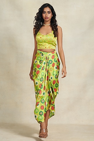 Green Modal Satin Digital Printed Strappy Blouse by Gulabo By Abu Sandeep