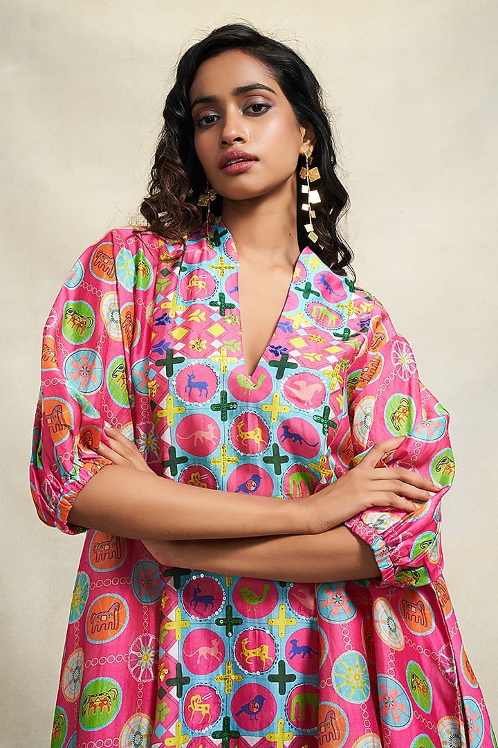 Pink Chanderi Sequins Embroidered Tunic by Gulabo By Abu Sandeep at Pernia's Pop Up Shop