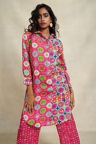 Pink Linen Sequins Work Shirt by Gulabo By Abu Sandeep