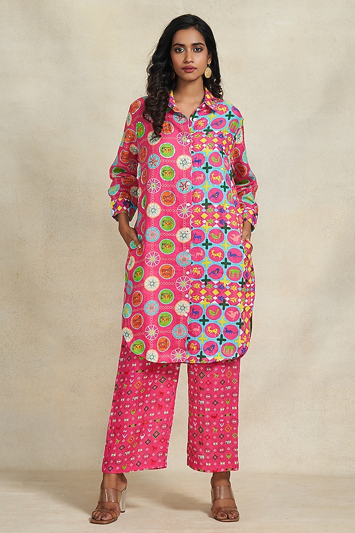 Pink Linen Sequins Work Shirt by Gulabo By Abu Sandeep at Pernia's Pop Up Shop