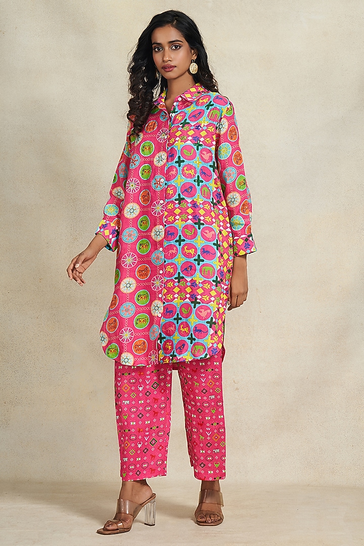 Pink Linen Sequins Work Shirt by Gulabo By Abu Sandeep at Pernia's Pop Up Shop