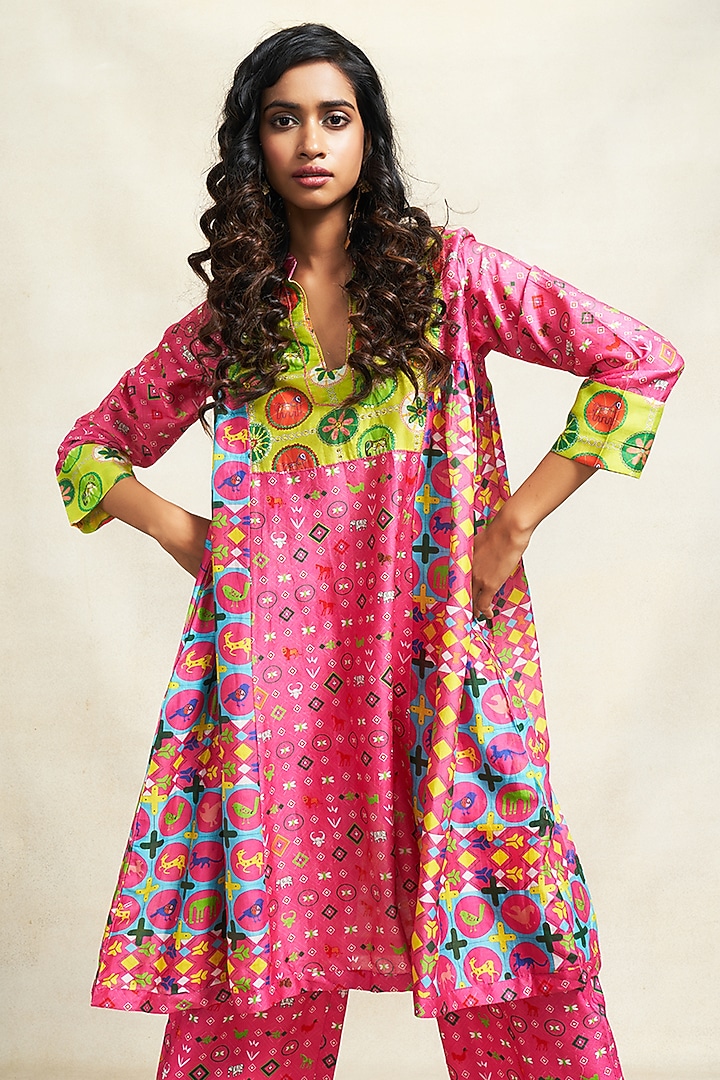 Pink Chanderi Sequins Embroidered Gathered Kurta by Gulabo By Abu Sandeep at Pernia's Pop Up Shop