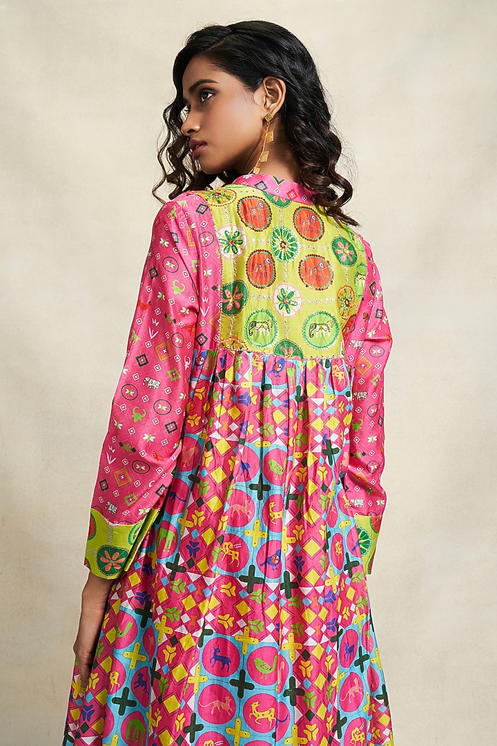 Pink Chanderi Sequins Embroidered Gathered Kurta by Gulabo By Abu Sandeep at Pernia's Pop Up Shop