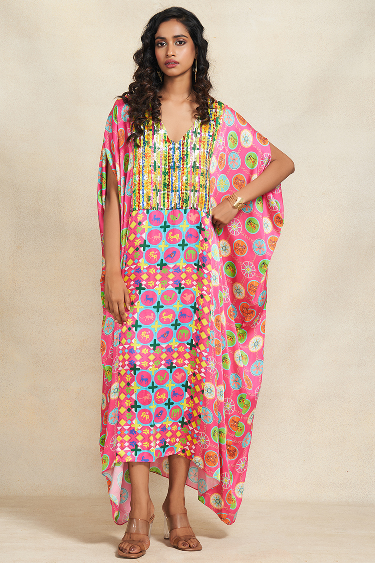 Pink Modal Satin Sequins Embroidered Kaftan by Gulabo By Abu Sandeep at Pernia's Pop Up Shop