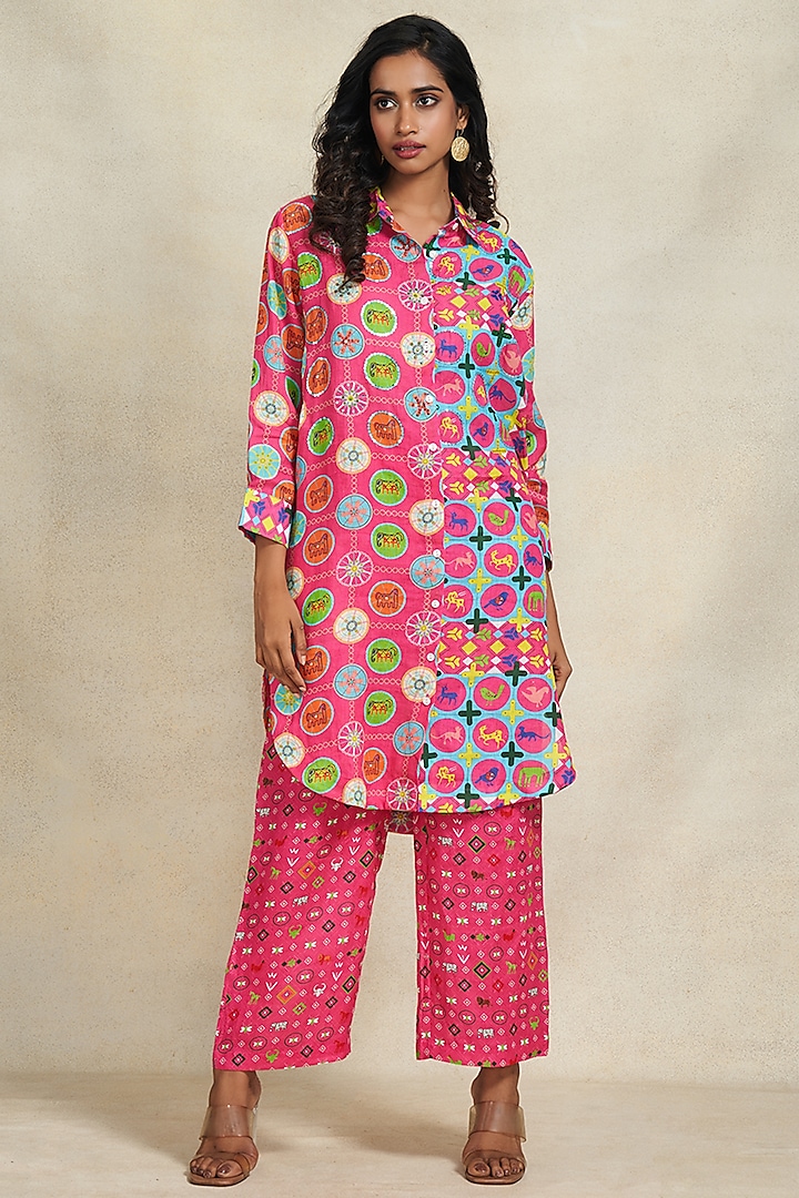 Pink Linen Digital Printed Pants by Gulabo By Abu Sandeep