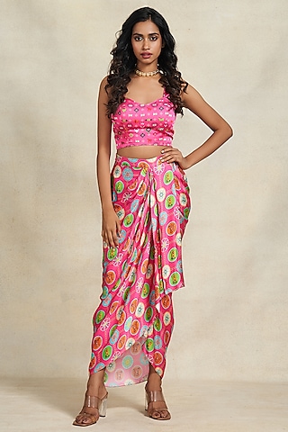 Pink Modal Satin Digital Printed Strappy Blouse by Gulabo By Abu Sandeep