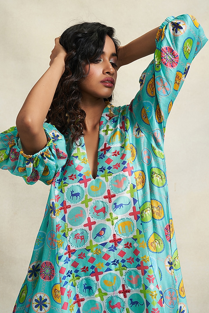 Turquoise Chanderi Sequins Embroidered Tunic by Gulabo By Abu Sandeep at Pernia's Pop Up Shop