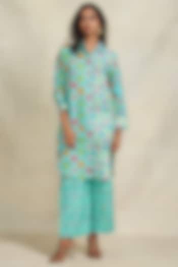 Turquoise Linen Sequins Work Shirt by Gulabo By Abu Sandeep at Pernia's Pop Up Shop