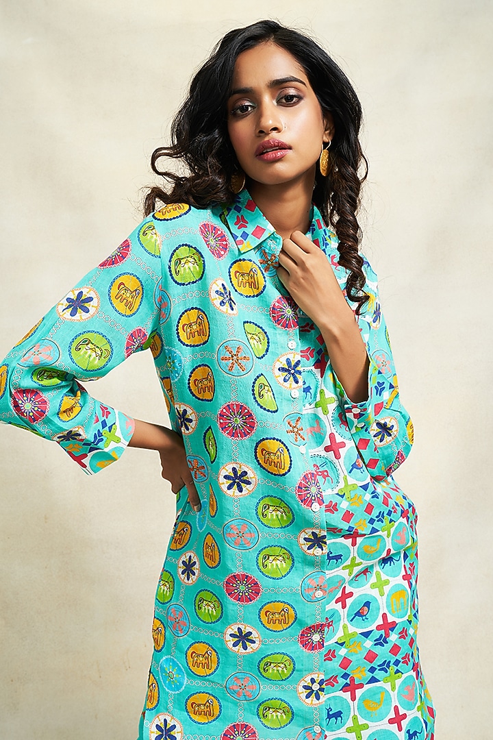 Turquoise Linen Sequins Work Shirt by Gulabo By Abu Sandeep at Pernia's Pop Up Shop