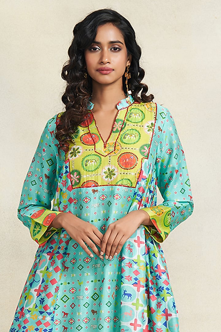 Turquoise Chanderi Sequins Embroidered Gathered Kurta by Gulabo By Abu Sandeep at Pernia's Pop Up Shop