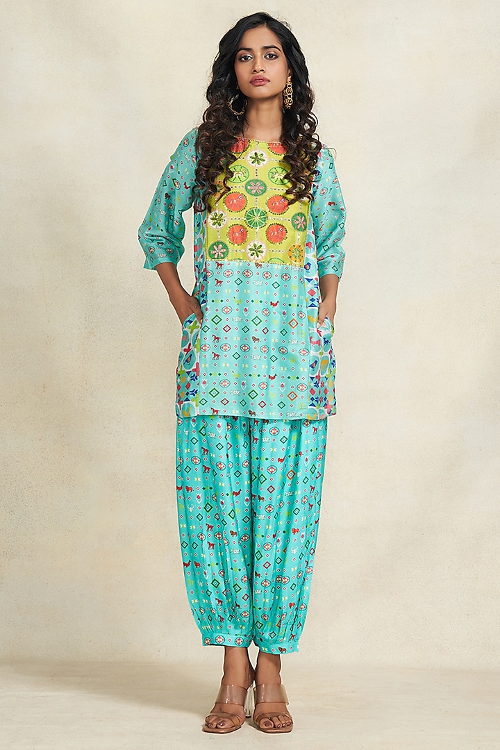 Turquoise Chanderi Sequins Embroidered Kurta by Gulabo By Abu Sandeep