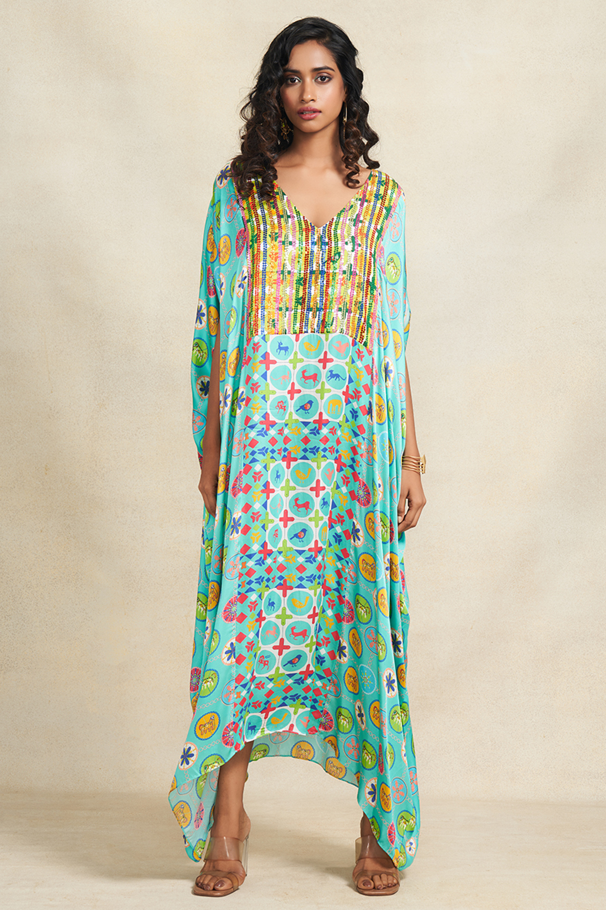 Turquoise Modal Satin Sequins Embroidered Kaftan by Gulabo By Abu Sandeep at Pernia's Pop Up Shop