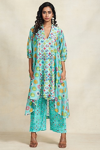 Turquoise Chanderi Gota Work Straight Pants by Gulabo By Abu Sandeep