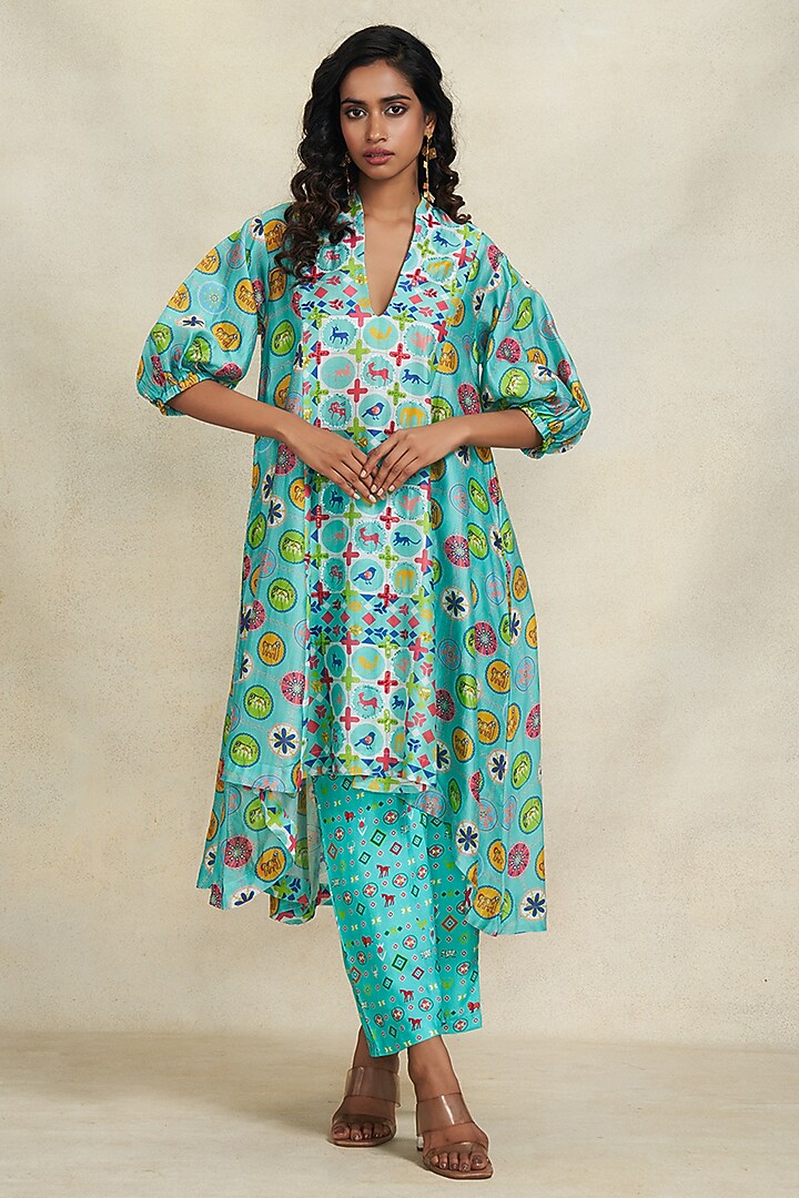 Turquoise Chanderi Gota Work Straight Pants by Gulabo By Abu Sandeep at Pernia's Pop Up Shop