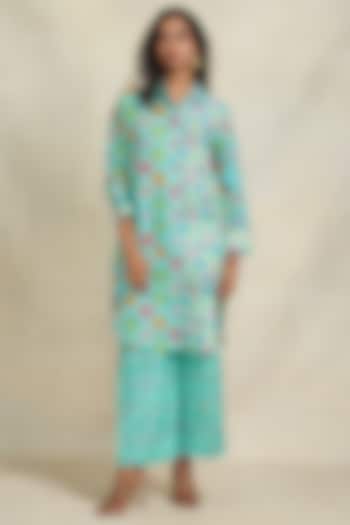 Turquoise Linen Digital Printed Pants by Gulabo By Abu Sandeep