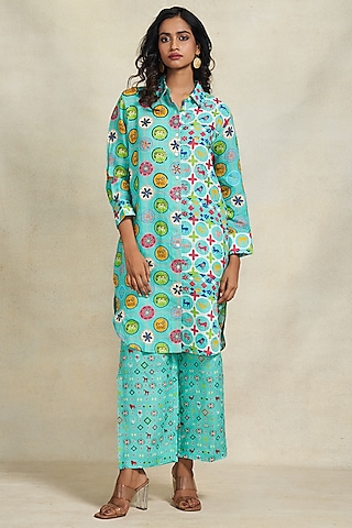 Turquoise Linen Digital Printed Pants by Gulabo By Abu Sandeep