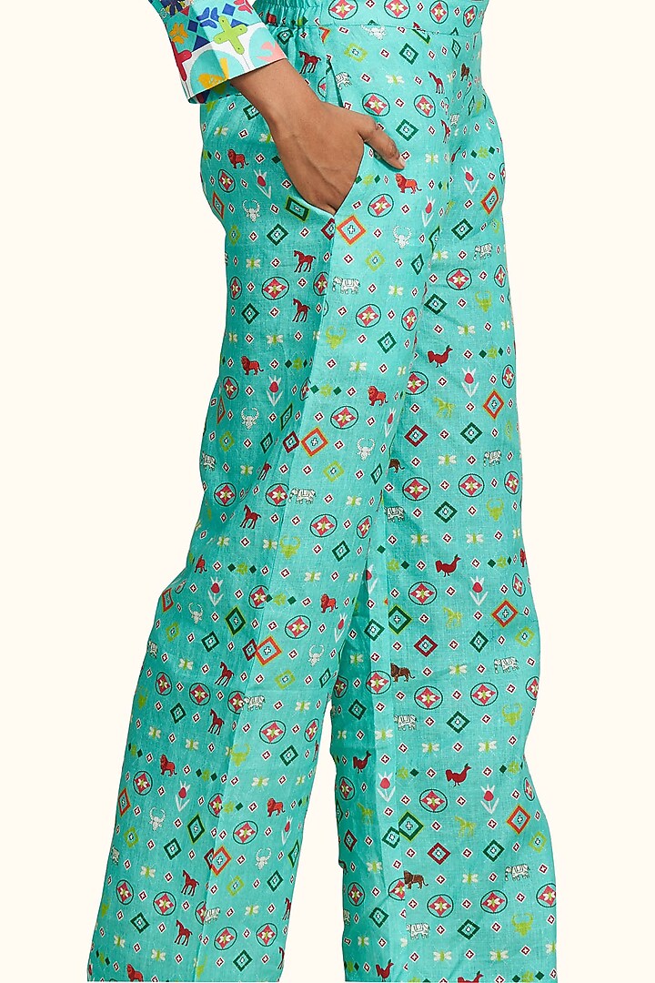 Turquoise Linen Digital Printed Pants by Gulabo By Abu Sandeep at Pernia's Pop Up Shop