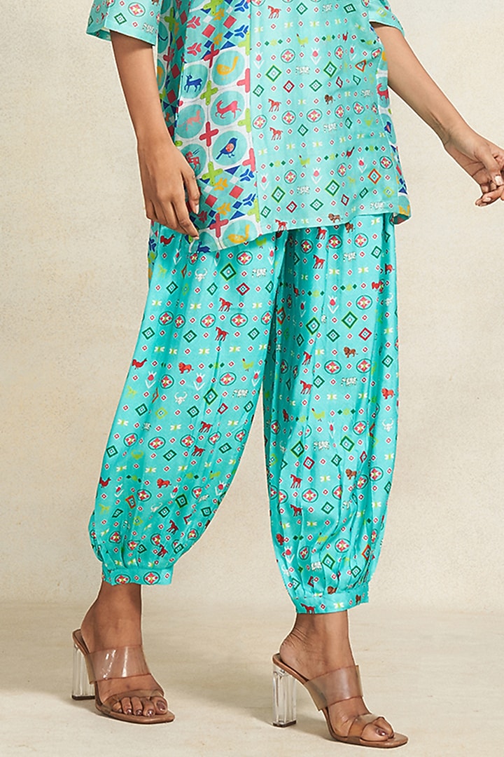 Turquoise Chanderi Digital Printed Salwar Pants by Gulabo By Abu Sandeep at Pernia's Pop Up Shop