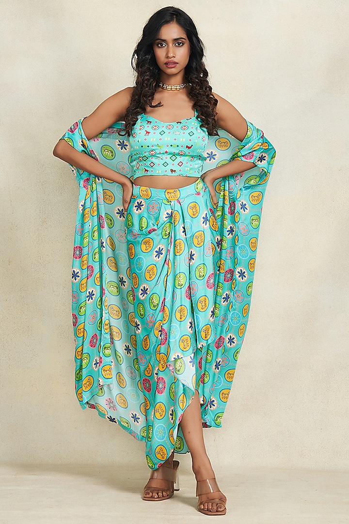 Turquoise Modal Satin Digital Printed Overlay by Gulabo By Abu Sandeep at Pernia's Pop Up Shop