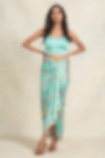 Turquoise Modal Satin Digital Printed Strappy Blouse by Gulabo By Abu Sandeep
