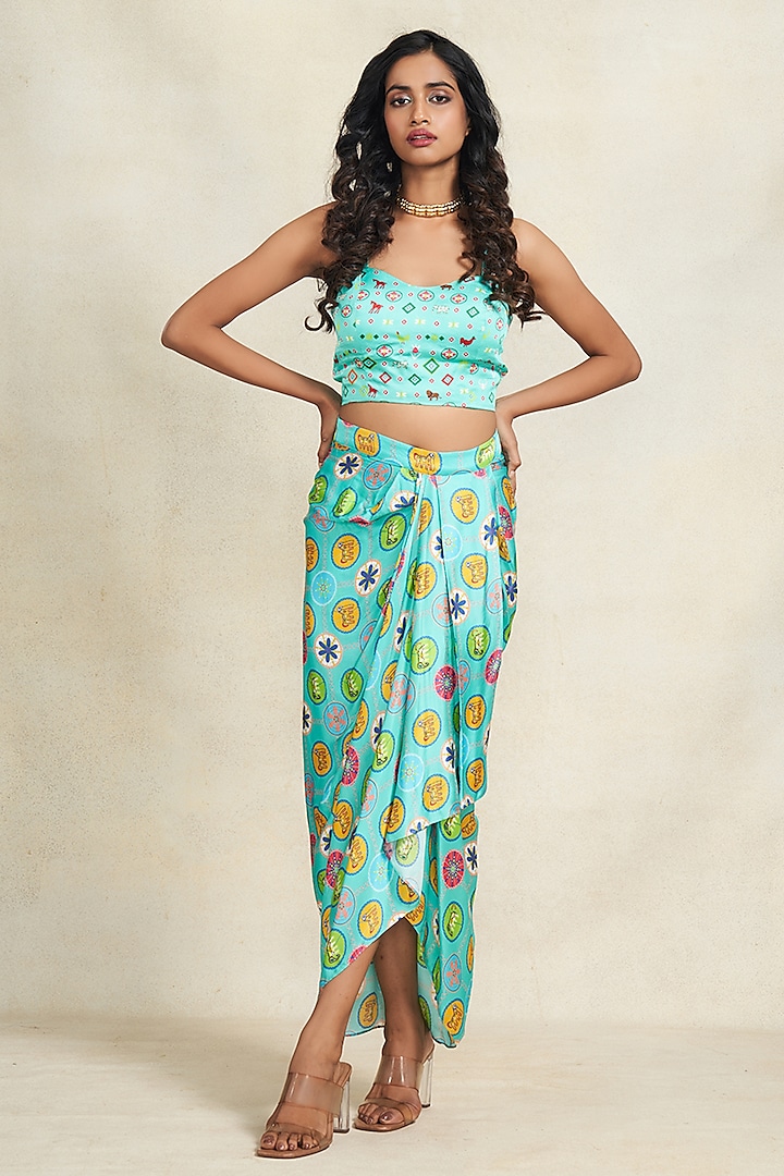 Turquoise Modal Satin Digital Printed Strappy Blouse by Gulabo By Abu Sandeep