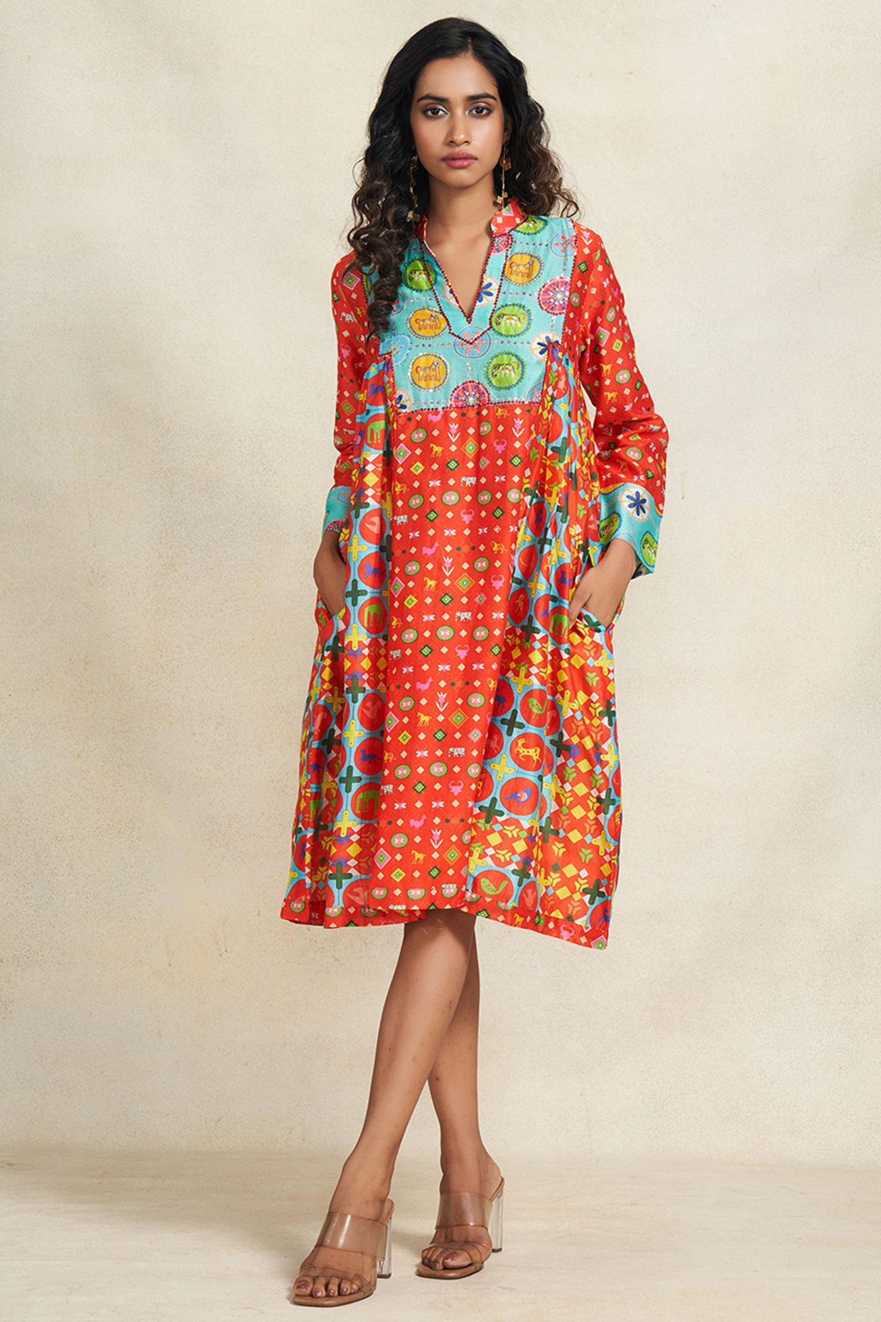 Red Chanderi Sequins Embroidered Gathered Kurta by Gulabo By Abu Sandeep at Pernia's Pop Up Shop