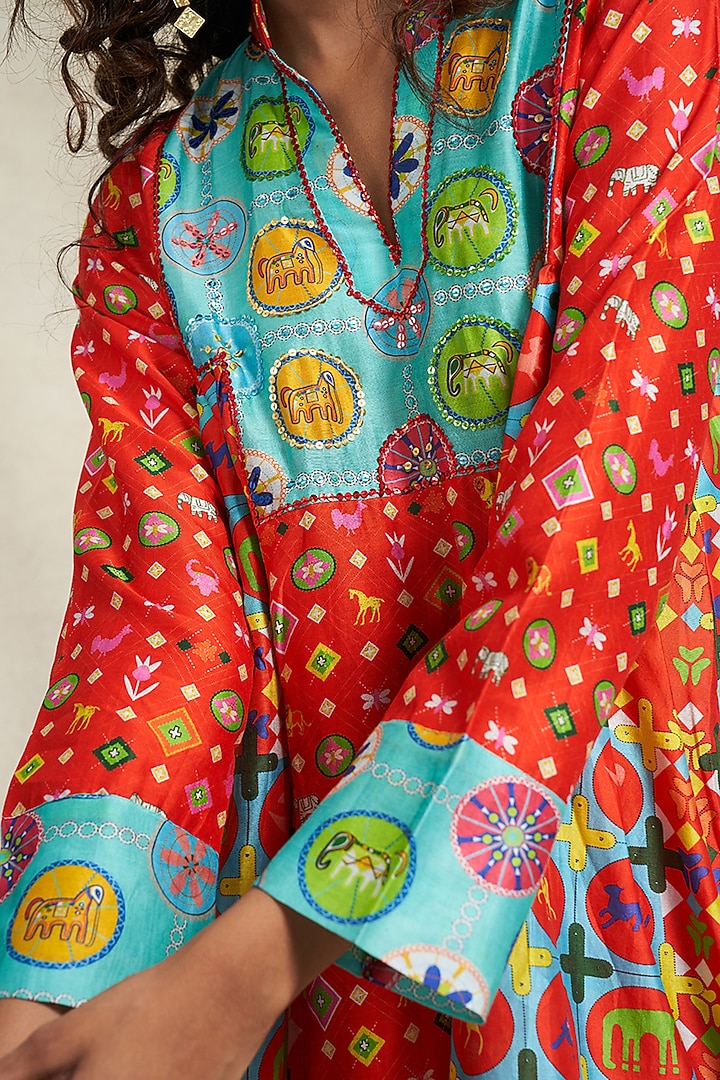 Red Chanderi Sequins Embroidered Gathered Kurta by Gulabo By Abu Sandeep at Pernia's Pop Up Shop