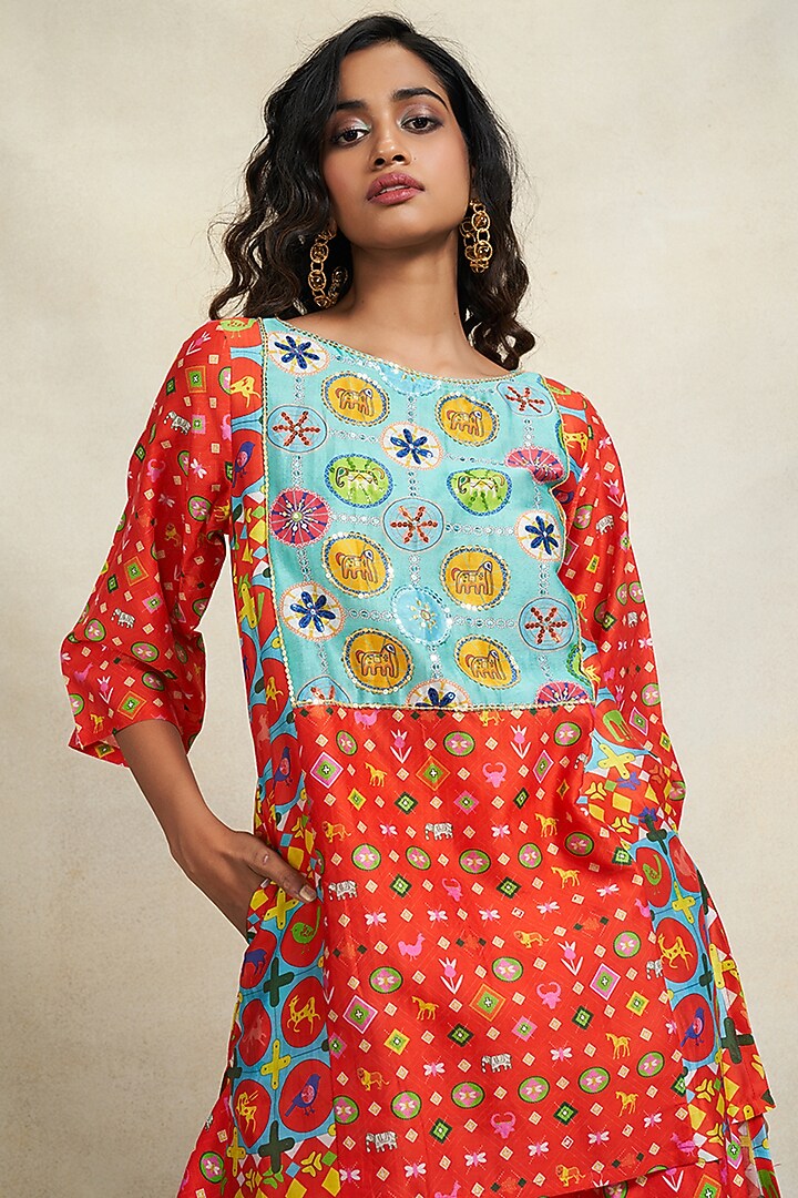 Red Chanderi Sequins Embroidered Kurta by Gulabo By Abu Sandeep at Pernia's Pop Up Shop