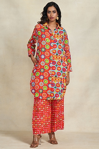 Red Chanderi Gota Work Straight Pants by Gulabo By Abu Sandeep