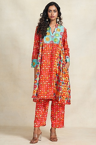 Red Linen Digital Printed Pants by Gulabo By Abu Sandeep