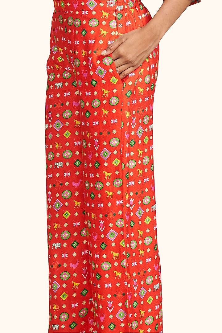 Red Linen Digital Printed Pants by Gulabo By Abu Sandeep at Pernia's Pop Up Shop