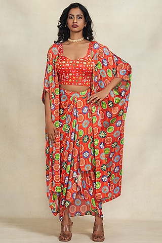 Red Modal Satin Digital Printed Overlay by Gulabo By Abu Sandeep