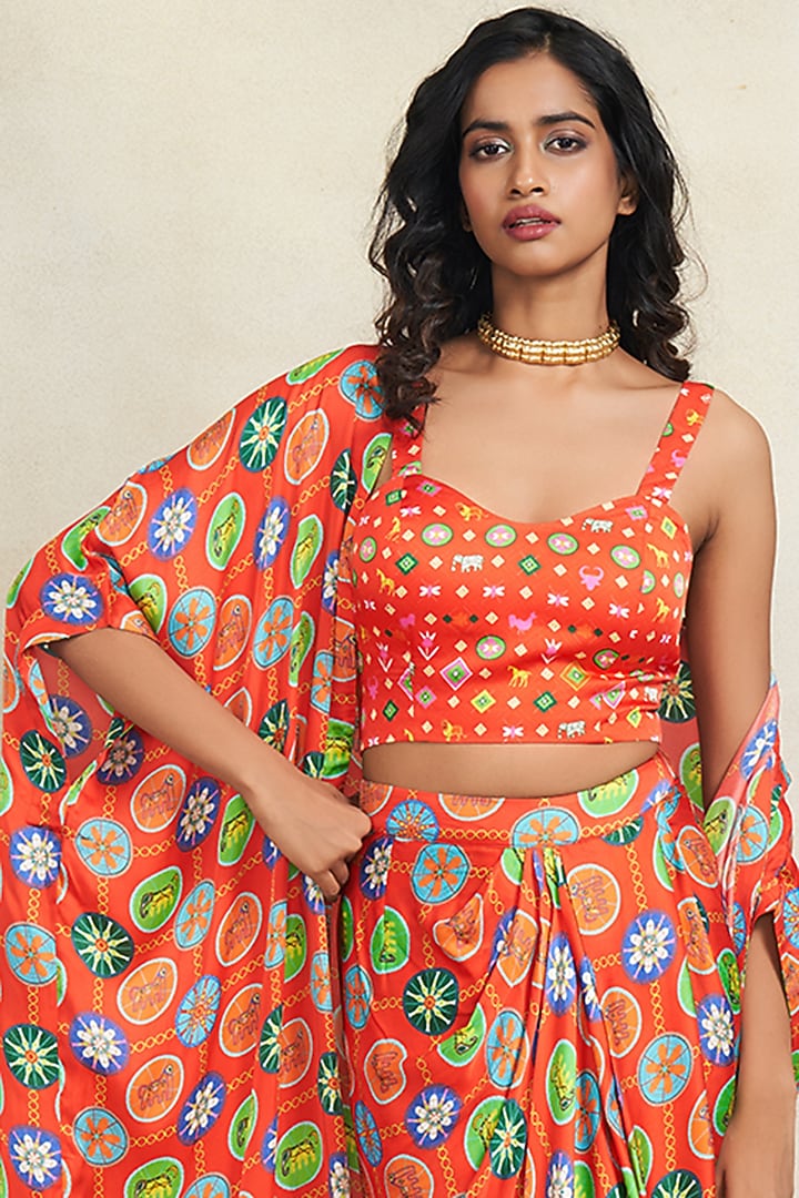 Red Modal Satin Digital Printed Overlay by Gulabo By Abu Sandeep at Pernia's Pop Up Shop