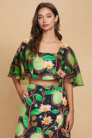 Black Linen Floral Digital Printed Top by Gulabo By Abu Sandeep