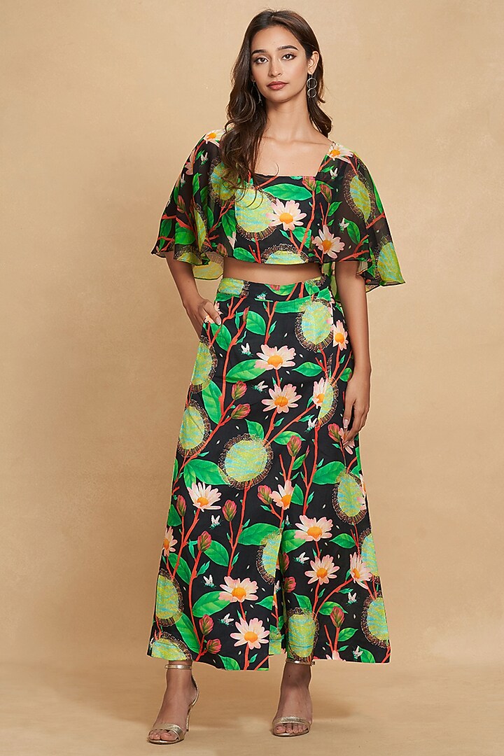 Black Linen Floral Digital Printed Top by Gulabo By Abu Sandeep at Pernia's Pop Up Shop