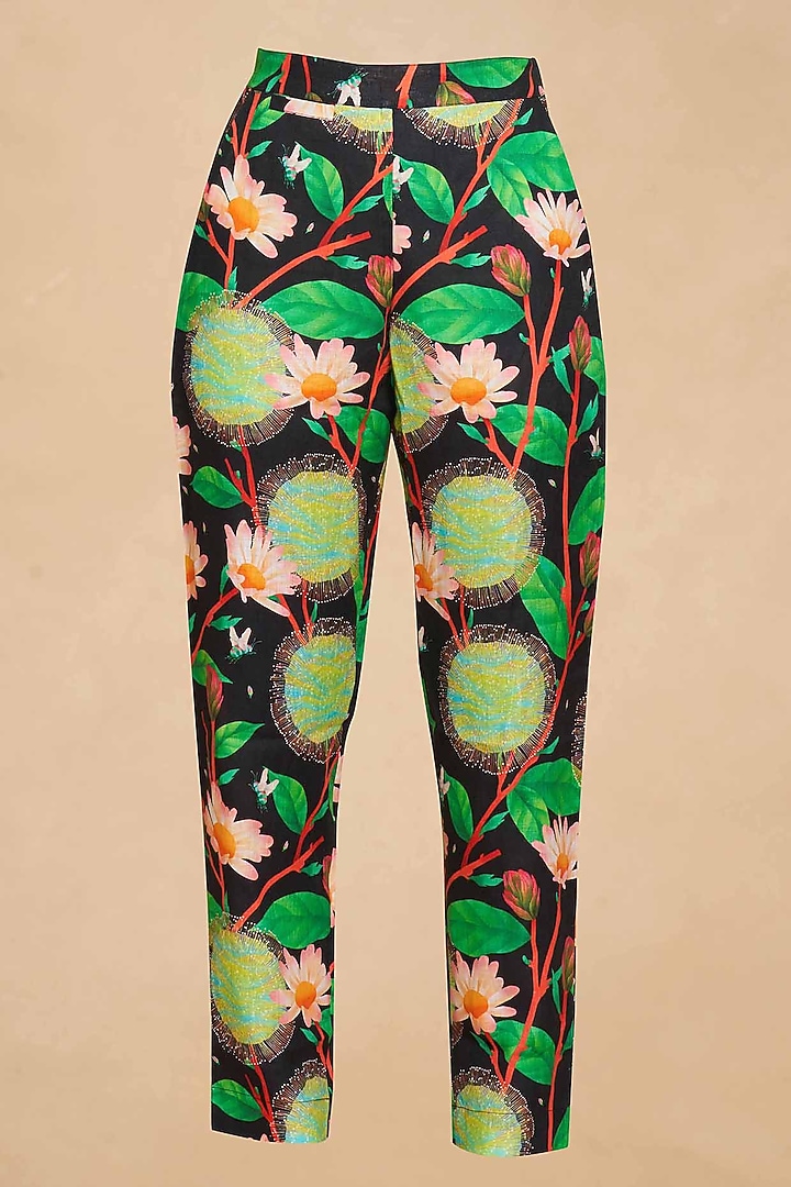Black Linen Floral Digital Printed Straight Pant by Gulabo By Abu Sandeep at Pernia's Pop Up Shop