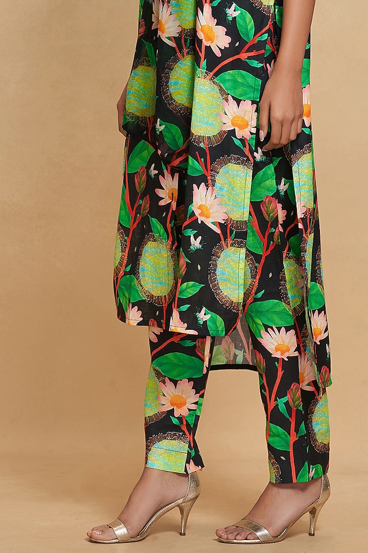 Black Linen Floral Digital Printed Straight Pant by Gulabo By Abu Sandeep at Pernia's Pop Up Shop