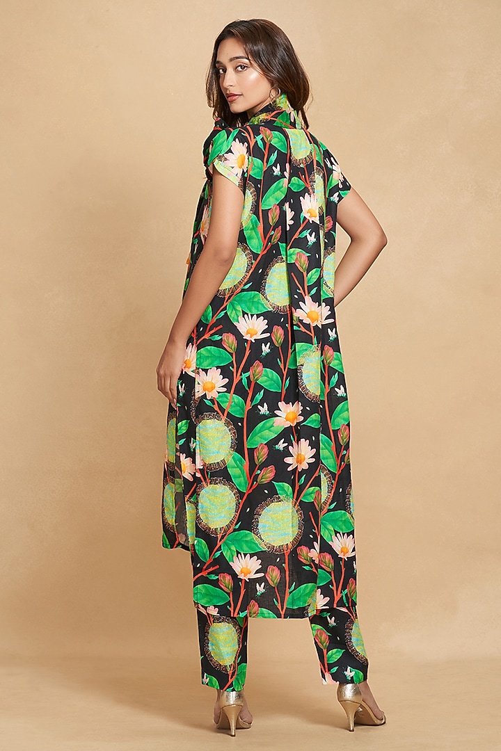 Black Linen Floral Digital Printed Tunic by Gulabo By Abu Sandeep at Pernia's Pop Up Shop