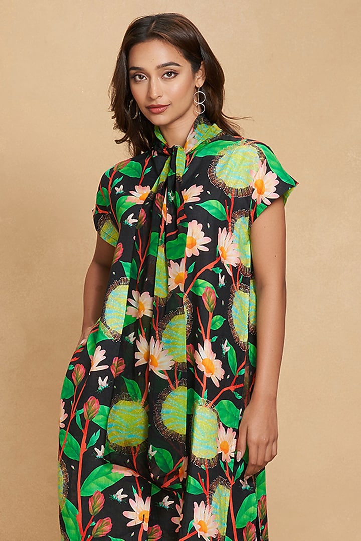 Black Linen Floral Digital Printed Tunic by Gulabo By Abu Sandeep at Pernia's Pop Up Shop