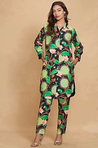 Black Linen Floral Digital Printed Long Shirt by Gulabo By Abu Sandeep
