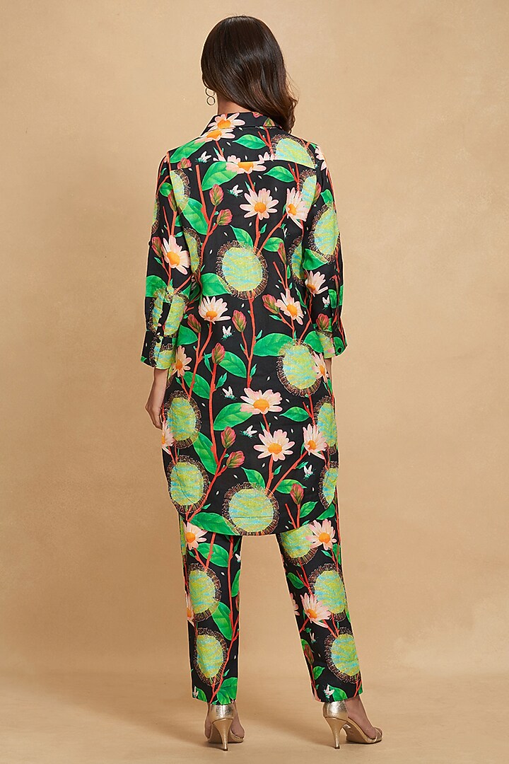 Black Linen Floral Digital Printed Long Shirt by Gulabo By Abu Sandeep at Pernia's Pop Up Shop